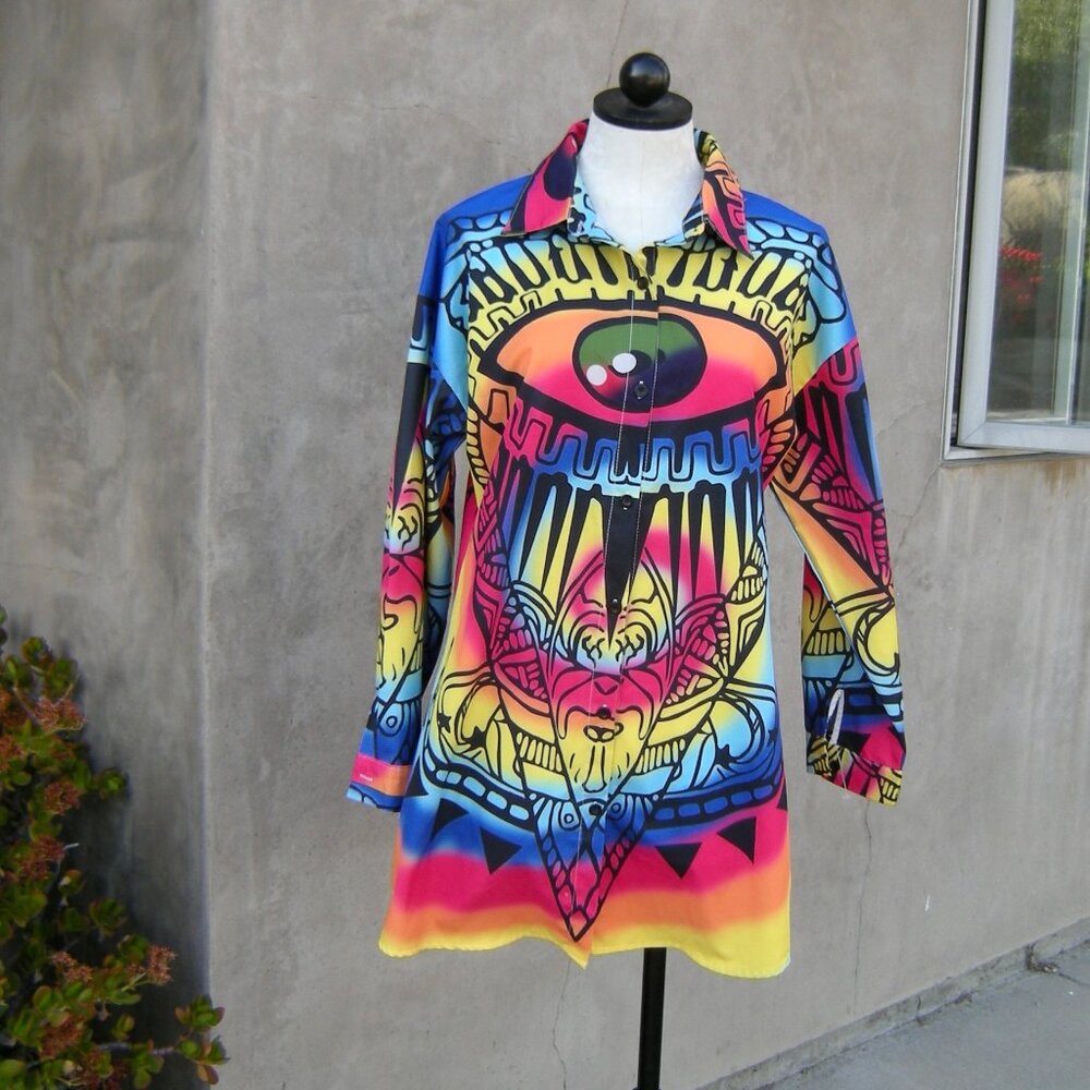 Super Colorful Size LARGE Ethnic EYE Print Tunic Shirt Modern Art Boho Top